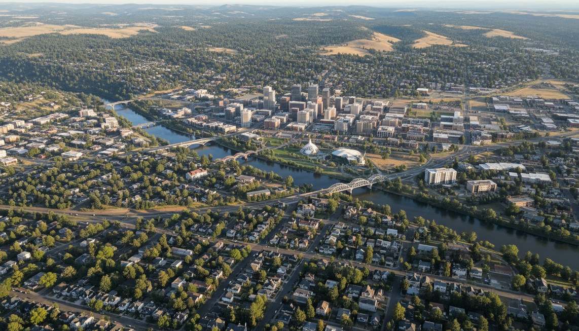 Aerial view of Spokane Washington showing city neighborhoods and service area