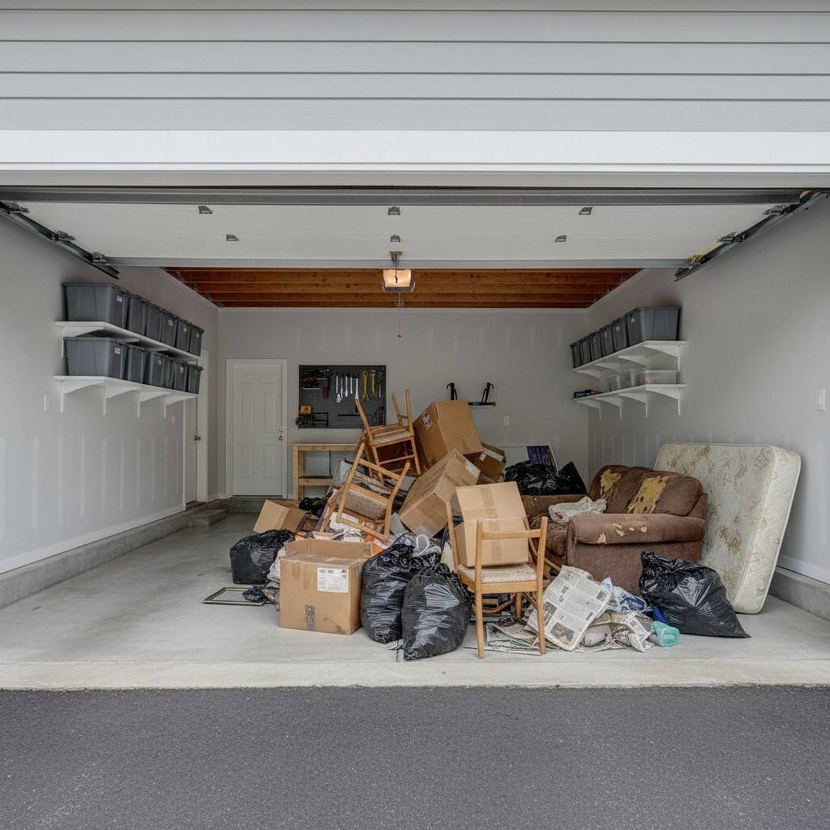 A Spokane garage packed with old furniture, boxes, and clutter before junk removal