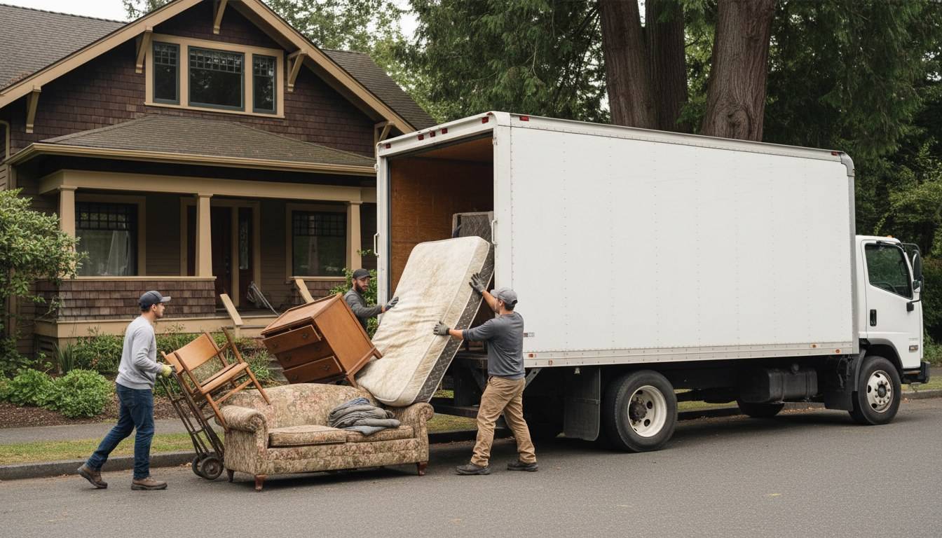 Junk removal truck loaded with furniture and household items