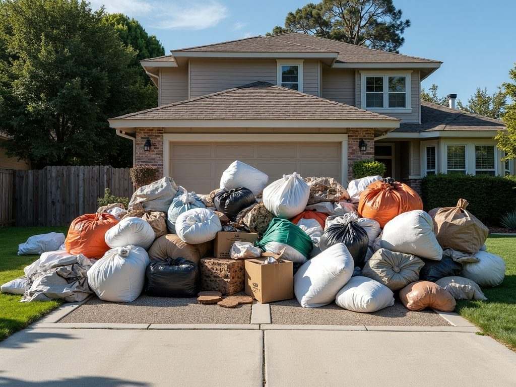 Sorted bulk waste and construction debris staged in a driveway for haul-away